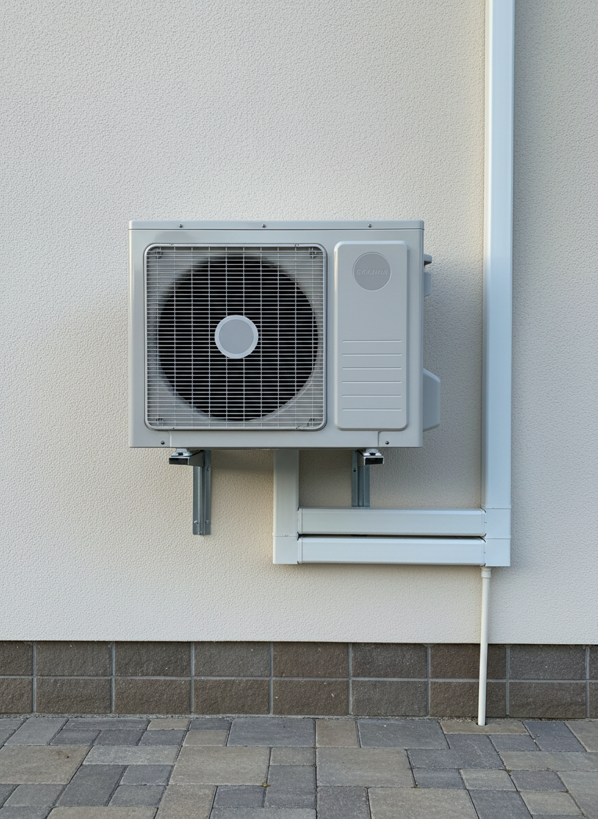 Un’unità esterna di climatizzazione di colore grigio chiaro, con griglia frontale pulita e logo neutro, installata su staffe metalliche robuste ancorate a una facciata in intonaco chiaro di un edificio residenziale. Sotto, un tratto di pavimentazione in pietra ordinata, con canaline bianche che accompagnano ordinatamente le tubazioni coibentate fino all’interno. La scena è illuminata da una luce naturale di tardo pomeriggio, leggermente radente, che crea ombre nette ma non dure dietro l’unità e valorizza le texture della parete. Inquadratura fotografica a mezza altezza, con composizione a regola dei terzi e profondità di campo moderata, così da mantenere leggibili sia l’unità sia parte della facciata. L’atmosfera è pulita, ordinata, professionale, con estetica moderna e realistica.